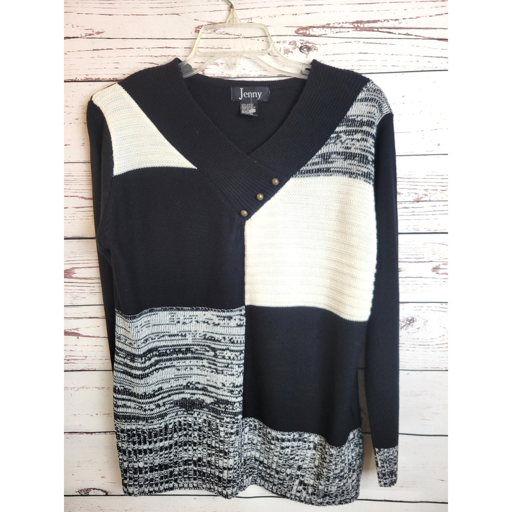 NWOT Jenny Black White V-Neck Colorblock‎ Pullover Sweater Womens Size Medium